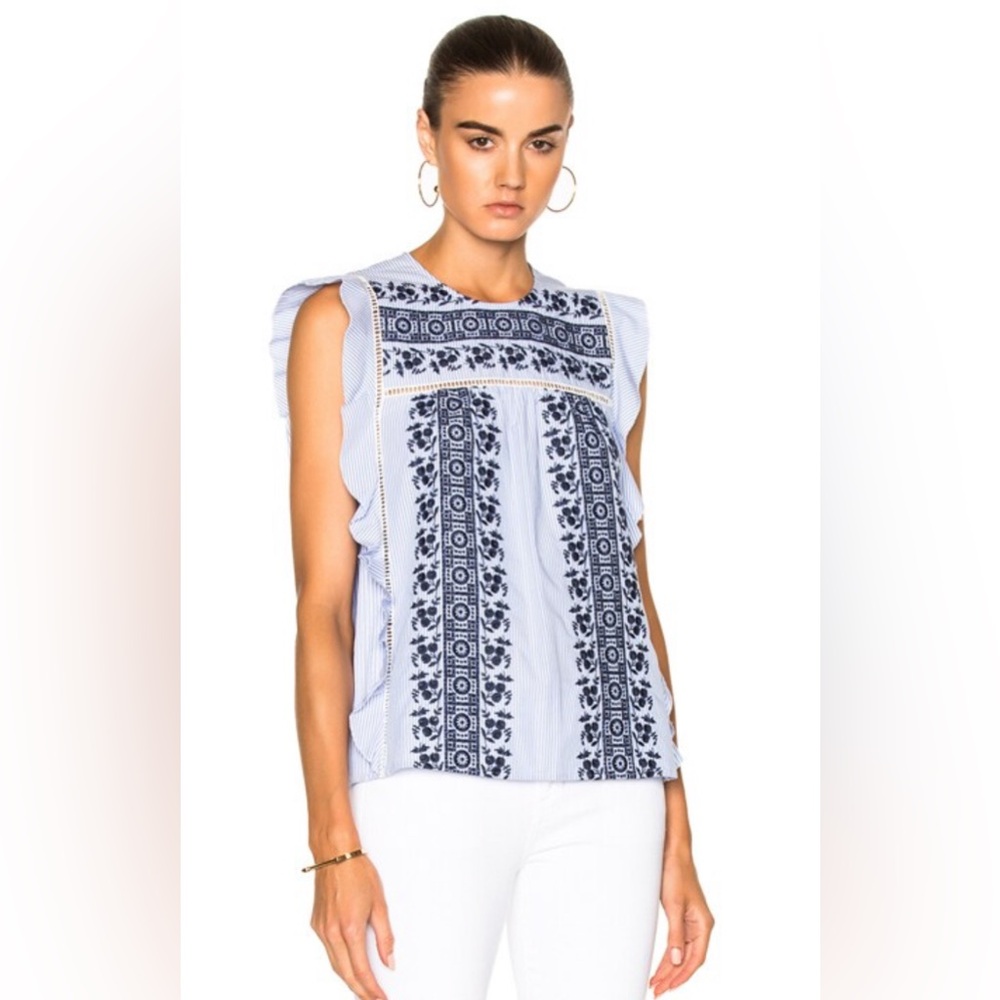 Veronica Beard Blue and White Embroidered Ruffle Sleeve Top